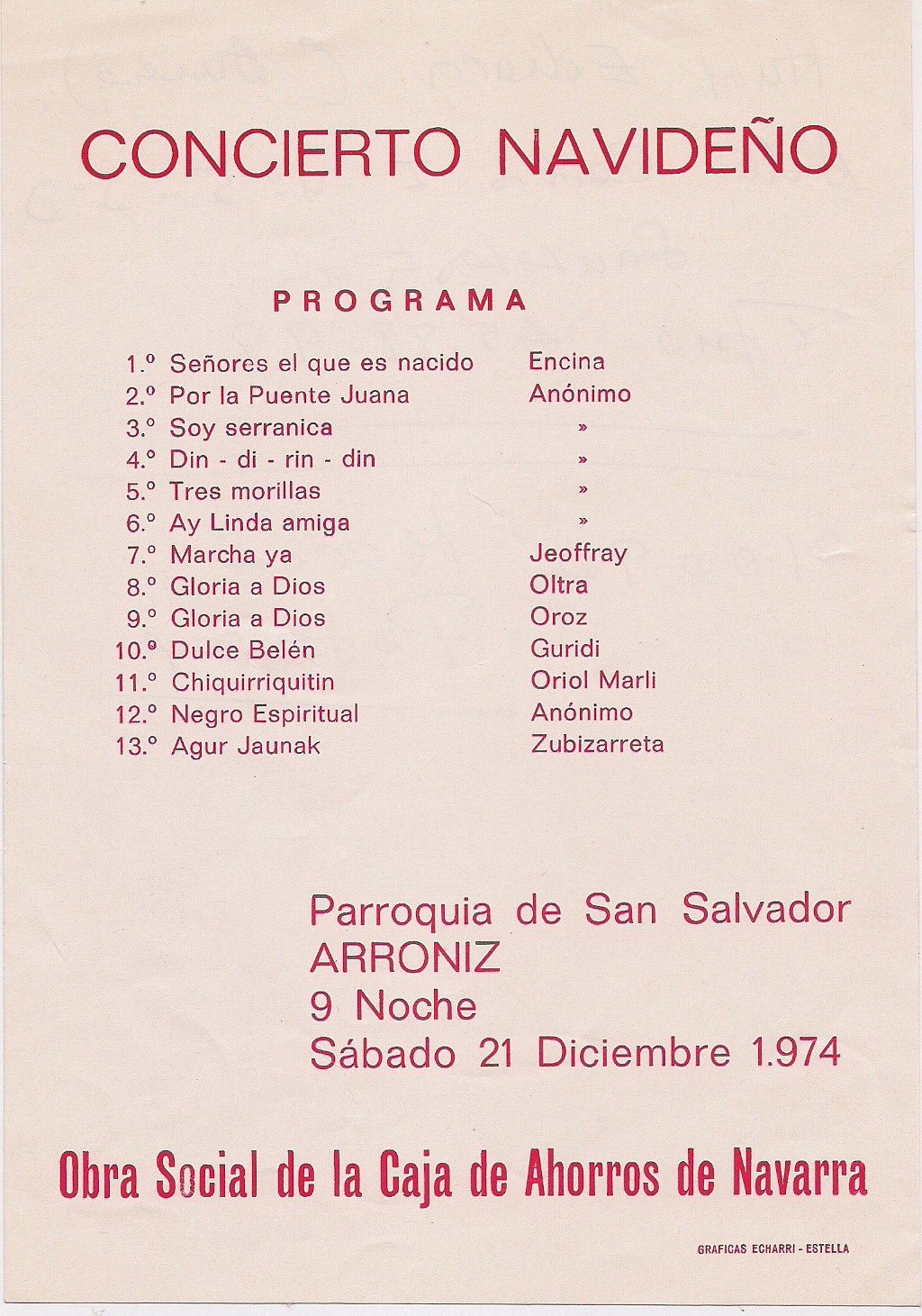 Año 1974. Arroniz. Programa