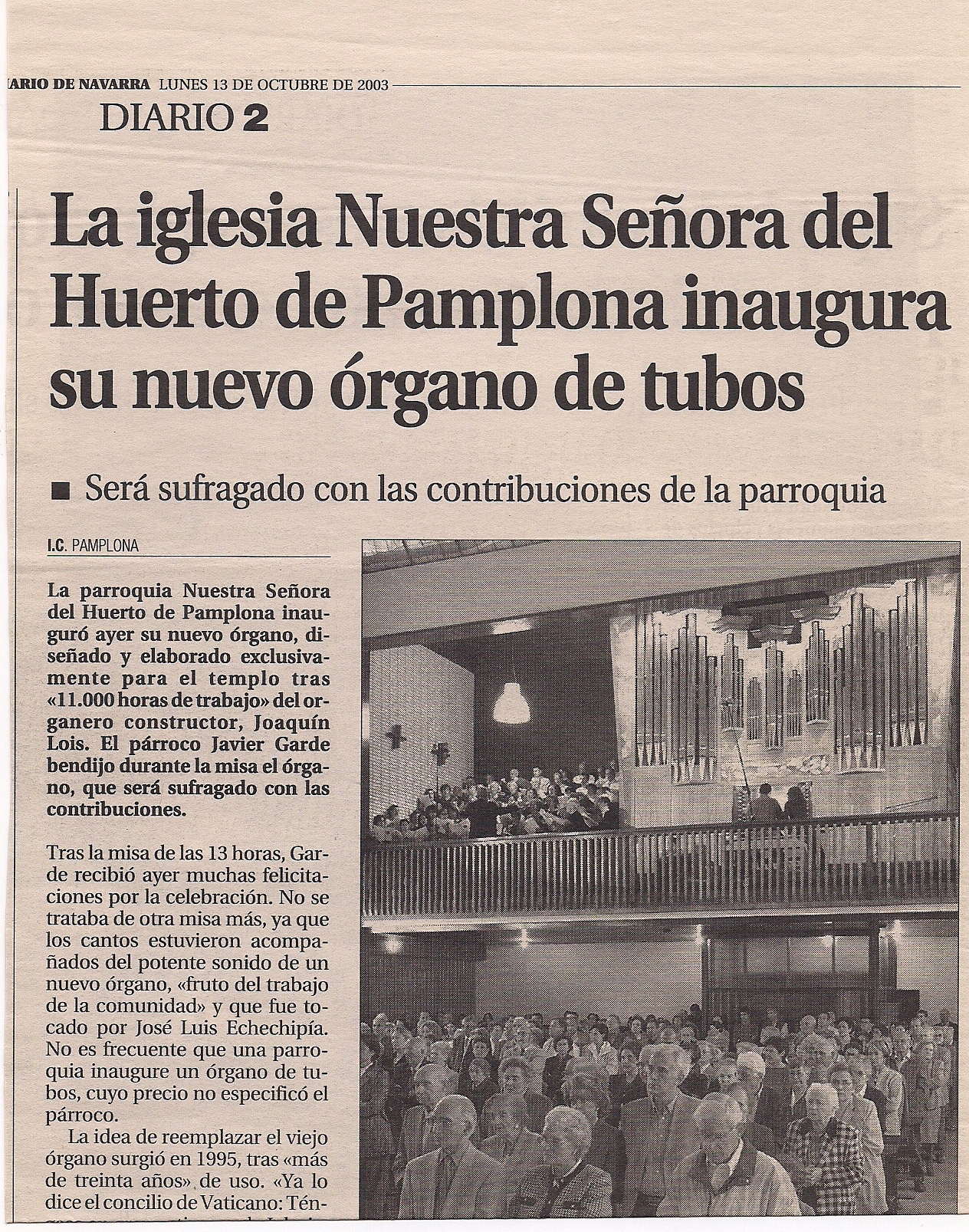 Año 2003. Recorte de prensa sobre la inaguración del órgano (Diario de Navarra)