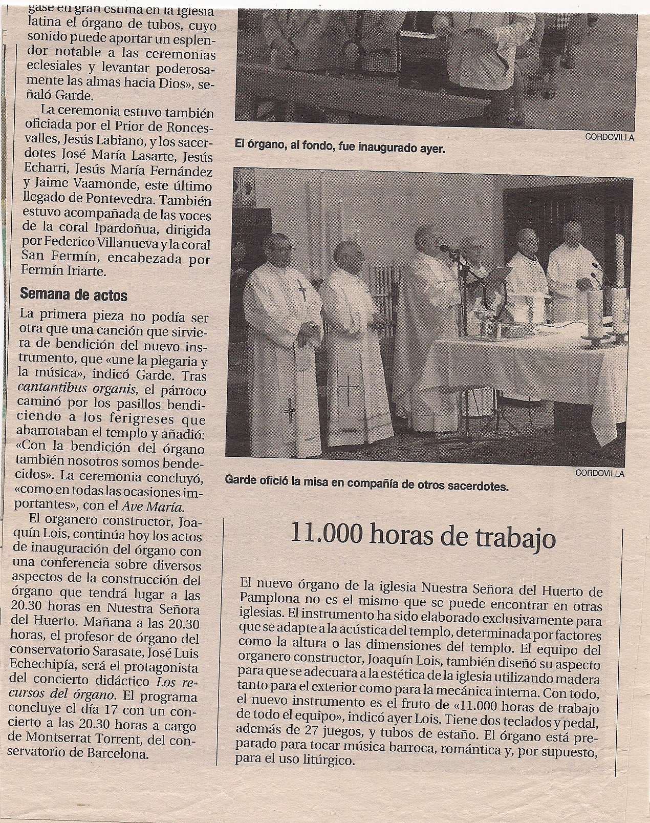 Año 2003. Recorte de prensa sobre la inaguración del órgano (Diario de Navarra)